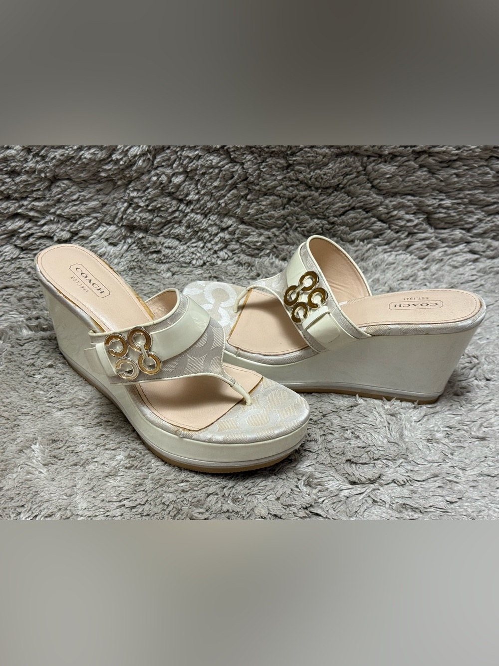 Coach Gypsy Vintage Women’s Logo Wedge Sandals in Cream with Gold Accent - Picture 1 of 13